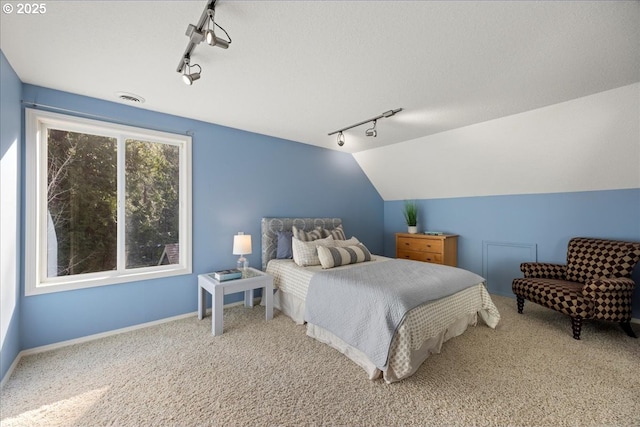 carpeted bedroom featuring visible vents, baseboards, and rail lighting
