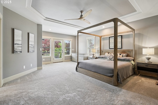 4706 NE 137th St, Vancouver, WA 98686 - bedroom featuring access to exterior, carpet, recessed lighting, a tray ceiling, and ceiling fan