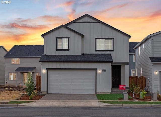 18950 SW Eureka Ln, Beaverton, OR 97007 - modern inspired farmhouse featuring board and batten siding, driveway, an attached garage, and a shingled roof