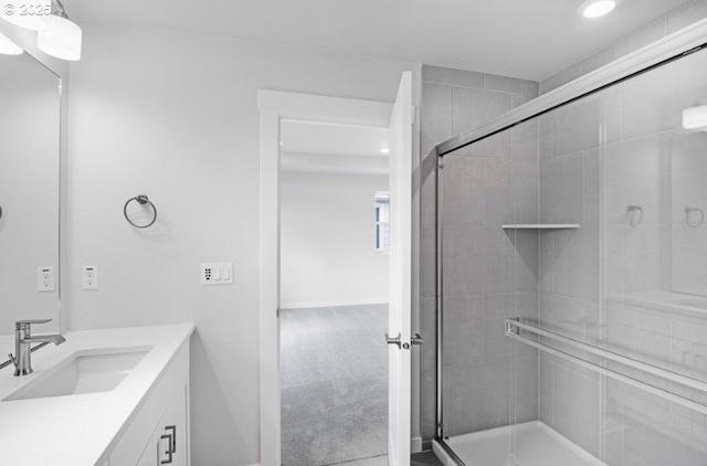 18950 SW Eureka Ln, Beaverton, OR 97007 - full bathroom with vanity, a shower stall, and recessed lighting