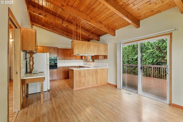 845 NW Day Dr, Gresham, OR 97030 - kitchen with light wood-type flooring, oven, a peninsula, light countertops, and freestanding refrigerator
