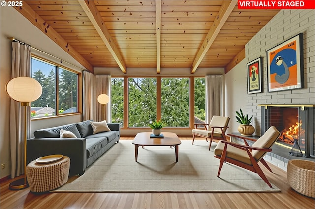 845 NW Day Dr, Gresham, OR 97030 - living area with wood finished floors, a brick fireplace, and wooden ceiling