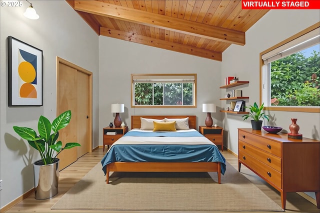845 NW Day Dr, Gresham, OR 97030 - bedroom featuring multiple windows, wood ceiling, light wood-style floors, and baseboards