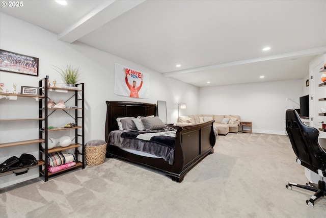 carpeted bedroom featuring beam ceiling