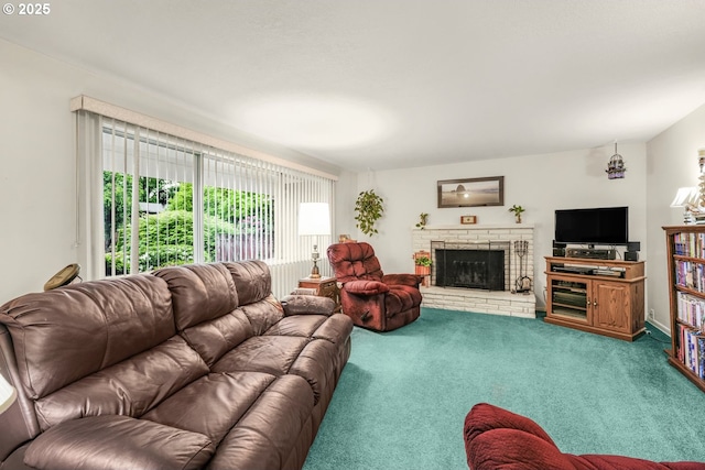carpeted living room featuring a fireplace