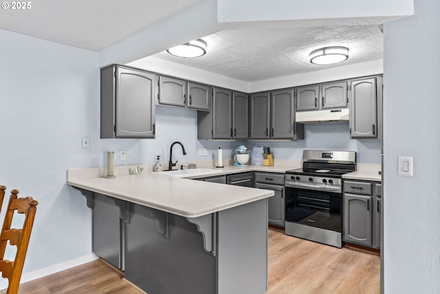 650 Harlow Rd Unit 233, Springfield, OR 97477 - kitchen featuring stainless steel electric range oven, a sink, a peninsula, under cabinet range hood, and gray cabinetry