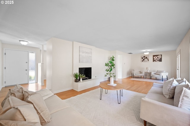 living room featuring a wealth of natural light, a fireplace, and light wood-type flooring