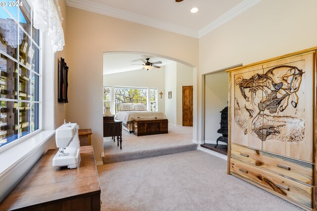 11 Deer Ridge Rd, Goldendale, WA 98620 - interior space with baseboards, vaulted ceiling, ornamental molding, carpet flooring, and arched walkways