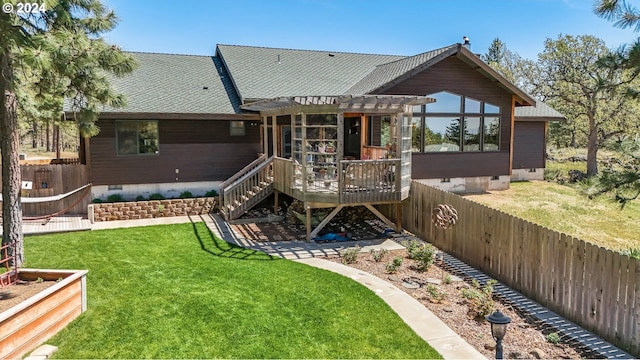 11 Deer Ridge Rd, Goldendale, WA 98620 - back of property with crawl space, a deck, a lawn, and a fenced backyard