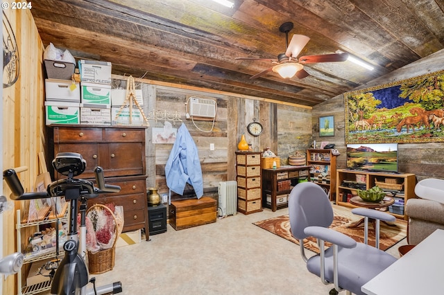 11 Deer Ridge Rd, Goldendale, WA 98620 - office space featuring wood walls, an AC wall unit, carpet flooring, wooden ceiling, and a ceiling fan