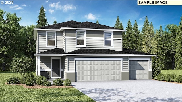 view of front of home with a shingled roof, concrete driveway, a front lawn, and an attached garage