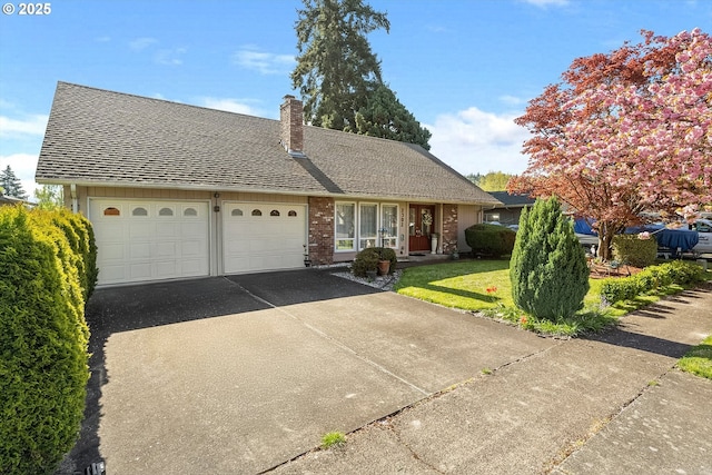 single story home with a chimney, a front lawn, driveway, a garage, and roof with shingles