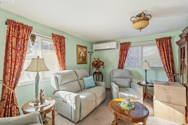 living area with light colored carpet, a textured ceiling, and a wall unit AC