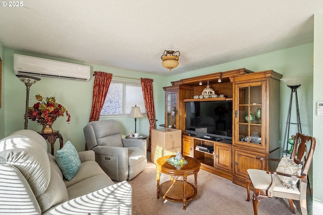 living room featuring light colored carpet and a wall mounted air conditioner