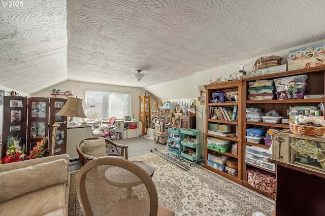 living area featuring lofted ceiling and a textured ceiling