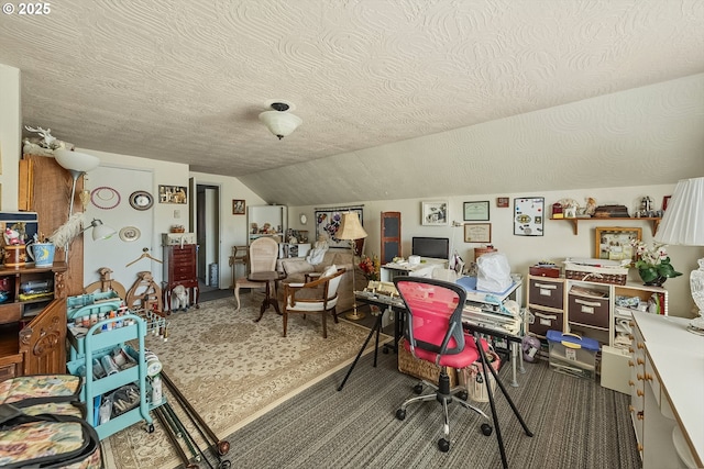 carpeted home office with lofted ceiling and a textured ceiling