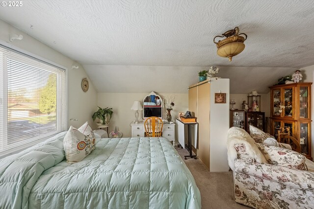 bedroom with carpet floors, lofted ceiling, and a textured ceiling