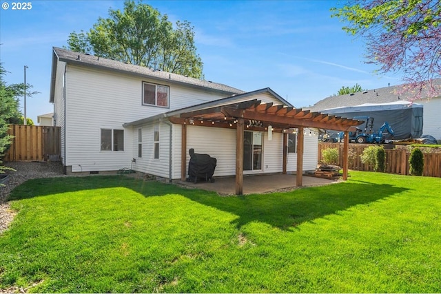 rear view of property with a lawn, a fenced backyard, a patio area, and a pergola