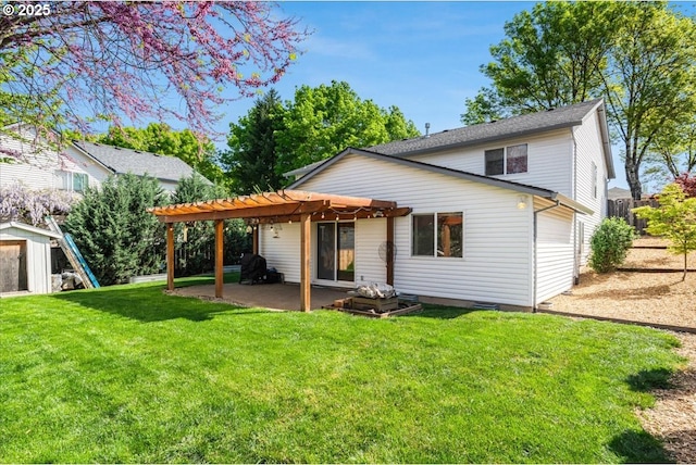 rear view of house with a lawn, a patio area, an outdoor structure, a storage unit, and a pergola
