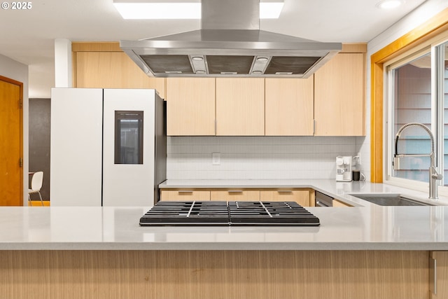 kitchen with smart refrigerator, extractor fan, light countertops, a sink, and stainless steel gas stovetop