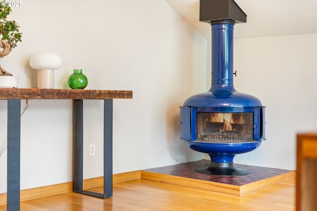 interior details featuring baseboards, wood finished floors, and a wood stove
