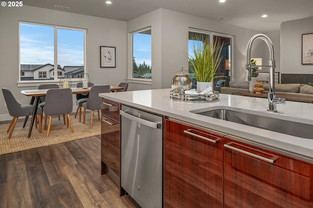 15192 SW Huntwood St, Tigard, OR 97224 - kitchen featuring stainless steel dishwasher, modern cabinets, dark wood-type flooring, light countertops, and dark brown cabinets
