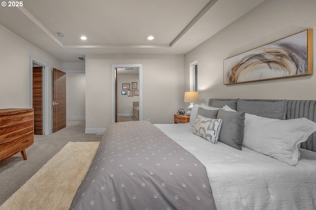 15192 SW Huntwood St, Tigard, OR 97224 - bedroom with carpet flooring, recessed lighting, a raised ceiling, and ensuite bathroom