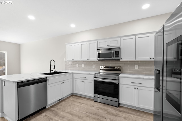 kitchen with light wood-type flooring, a sink, tasteful backsplash, appliances with stainless steel finishes, and a peninsula