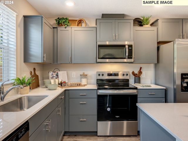 kitchen featuring stainless steel appliances, sink, light hardwood / wood-style flooring, and gray cabinets