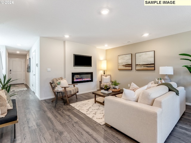 living room with dark hardwood / wood-style flooring