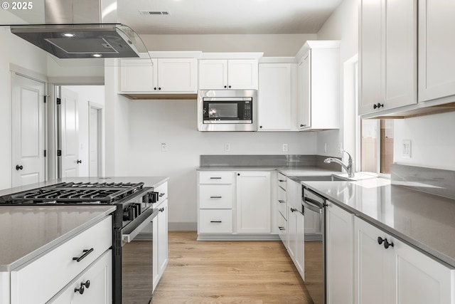 534 Grant St, Umatilla, OR 97882 - kitchen with stainless steel appliances, ventilation hood, a sink, light wood-style flooring, and white cabinets