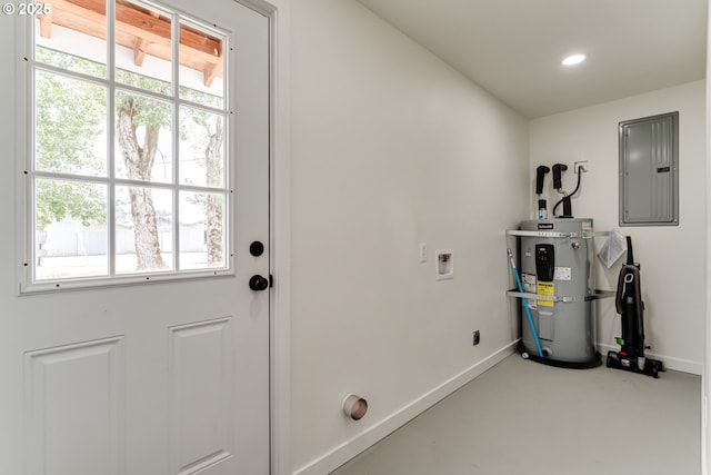 85160 Larson Rd, Eugene, OR 97405 - laundry room with secured water heater, electric panel, hookup for a washing machine, baseboards, and recessed lighting
