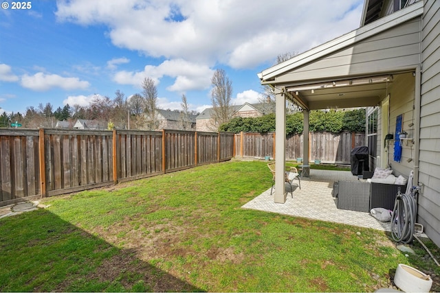 view of yard with a patio area and a fenced backyard