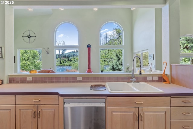 91060 Leashore Dr, Vida, OR 97488 - kitchen featuring dishwasher, a sink, light brown cabinets, and light countertops