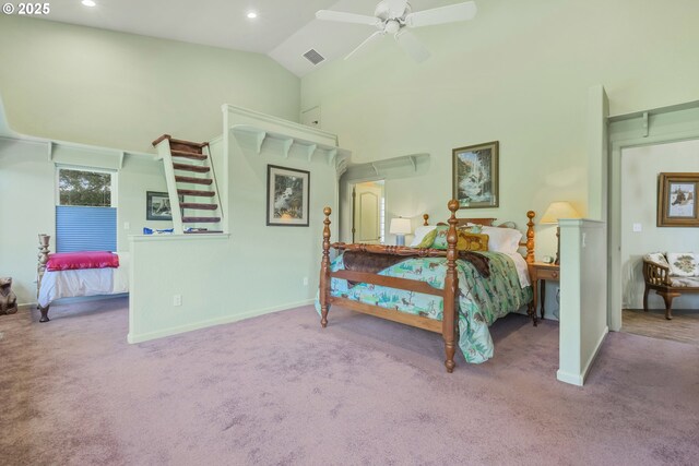 91060 Leashore Dr, Vida, OR 97488 - bedroom with carpet floors, high vaulted ceiling, baseboards, ceiling fan, and recessed lighting
