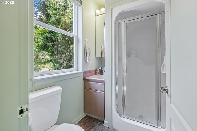 91060 Leashore Dr, Vida, OR 97488 - bathroom featuring a stall shower, vanity, and toilet