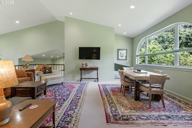 91060 Leashore Dr, Vida, OR 97488 - carpeted living area with vaulted ceiling, recessed lighting, and baseboards