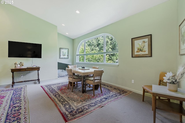 91060 Leashore Dr, Vida, OR 97488 - carpeted dining area with lofted ceiling, baseboards, and recessed lighting
