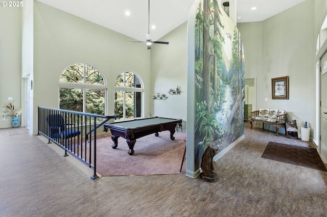 91060 Leashore Dr, Vida, OR 97488 - recreation room with a towering ceiling, carpet flooring, billiards table, baseboards, and ceiling fan