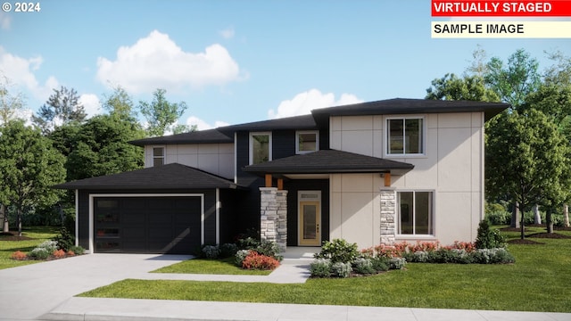 prairie-style home featuring stone siding, an attached garage, concrete driveway, and a front yard