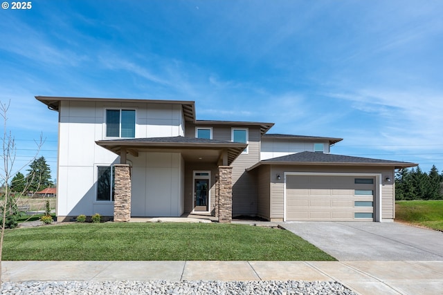 17011 NE 38th Ave, Vancouver, WA 98686 - prairie-style house featuring stucco siding, driveway, stone siding, a front lawn, and a garage