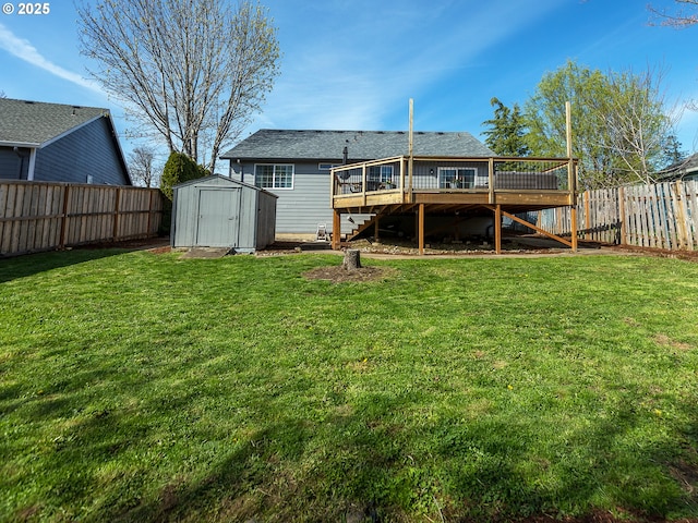 rear view of property with a fenced backyard, a storage shed, an outbuilding, a lawn, and a deck