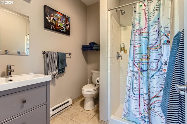 full bathroom with tile patterned flooring, baseboard heating, a shower stall, vanity, and toilet
