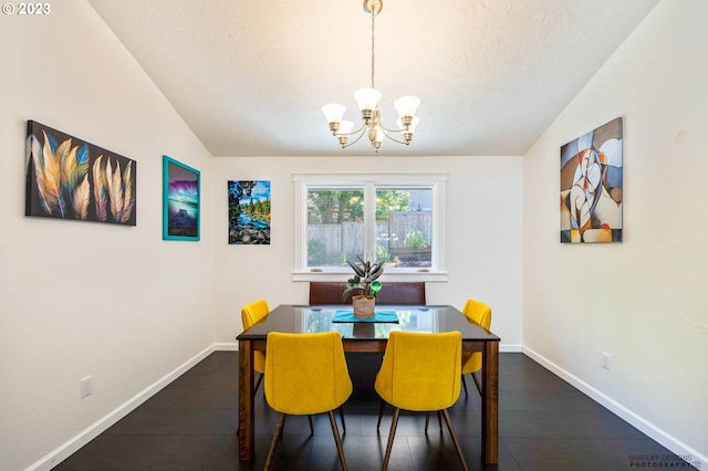 2022 Floral Hill Dr, Eugene, OR 97403 - dining space featuring a chandelier, dark wood finished floors, vaulted ceiling, baseboards, and a textured ceiling
