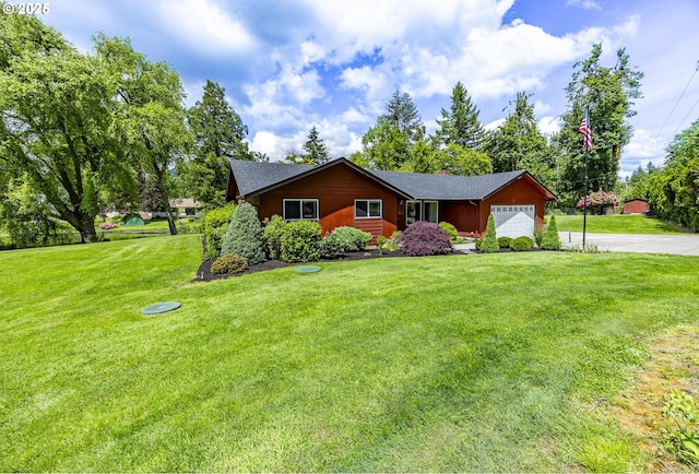 40211 Deerhorn Rd, Springfield, OR 97478 - view of front of property featuring concrete driveway, a garage, a front lawn, and a chimney