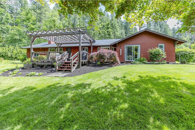 40211 Deerhorn Rd, Springfield, OR 97478 - rear view of property featuring a pergola, a wooden deck, and a lawn