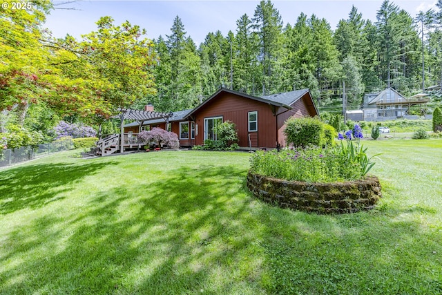 40211 Deerhorn Rd, Springfield, OR 97478 - rear view of property featuring a pergola, a chimney, and a deck