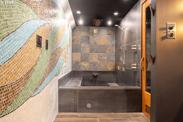 1940 SW 71st Ave, Portland, OR 97225 - full bathroom featuring tiled shower, recessed lighting, and wood finished floors