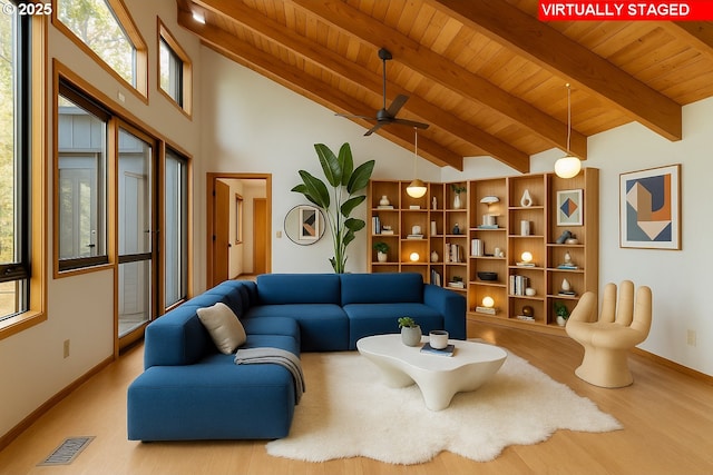 1940 SW 71st Ave, Portland, OR 97225 - living room featuring wood ceiling, wood finished floors, baseboards, and a ceiling fan