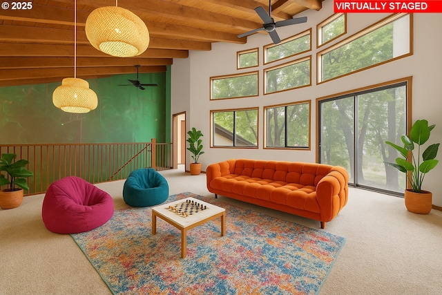 1940 SW 71st Ave, Portland, OR 97225 - carpeted living room featuring a ceiling fan, wooden ceiling with exposed beams, and a towering ceiling
